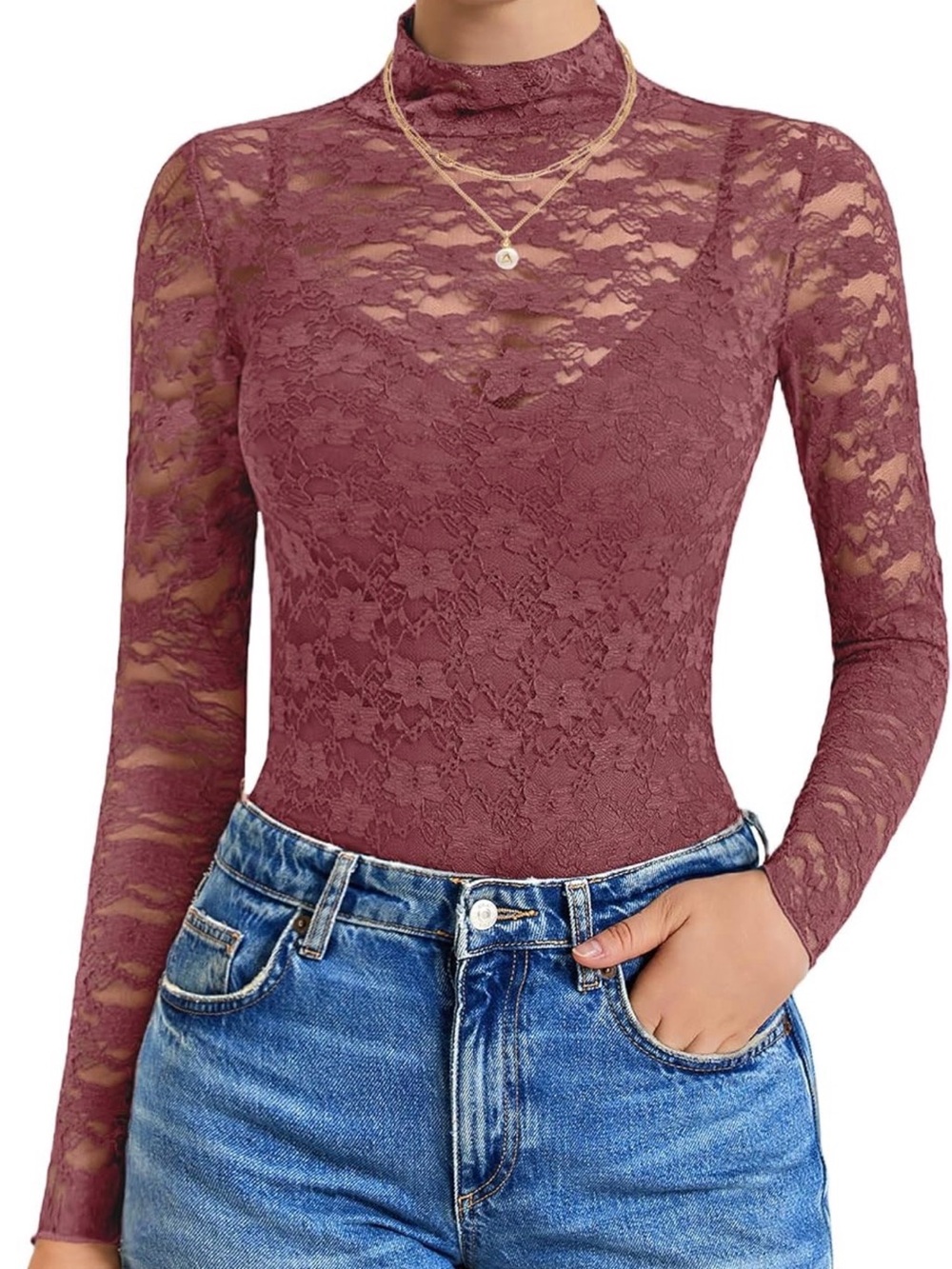 Lace Mock Neck Long-Sleeve Top - Mauve